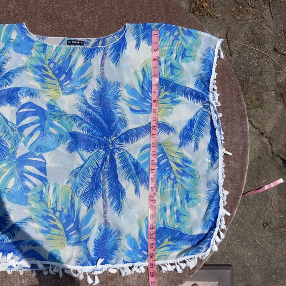 SHEIN Tropical Beach Cover-Up or Blouse Blue Palm Trees and Tassels - Picture 6 of 10
